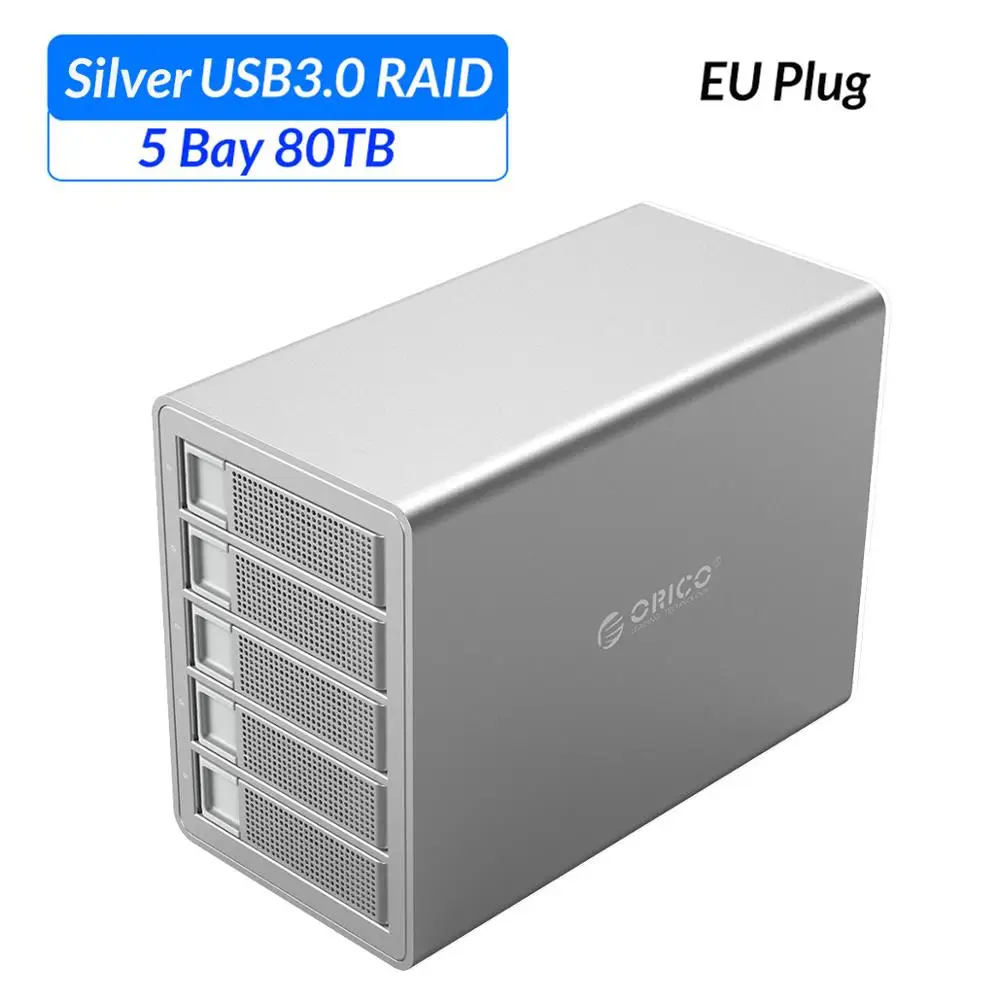 Док-станция ORICO 3,5 ''5 bay для жесткого диска USB3.0 to SATA с RAID алюминиевым корпусом для жесткого диска двойной чип 80 ТБ емкость чехол для жесткого диска - Цвет: Sliver EU Plug