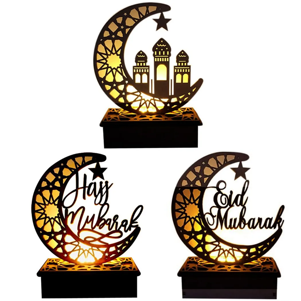 

2pcs Muslim Wooden Decoration Eid Mubarak Led Wood Plaque Moon Castle Moon Star