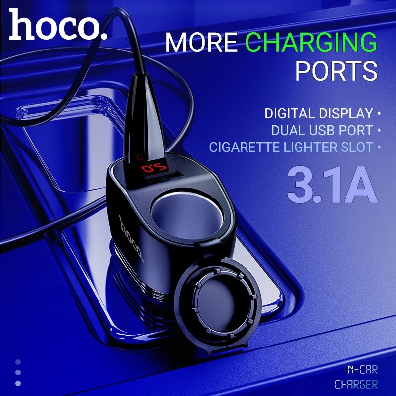 

hoco dual USB car charger 3.1A cigarette lighter socket 96W splitter plug power adapter fast mobile LED display 2 port portable