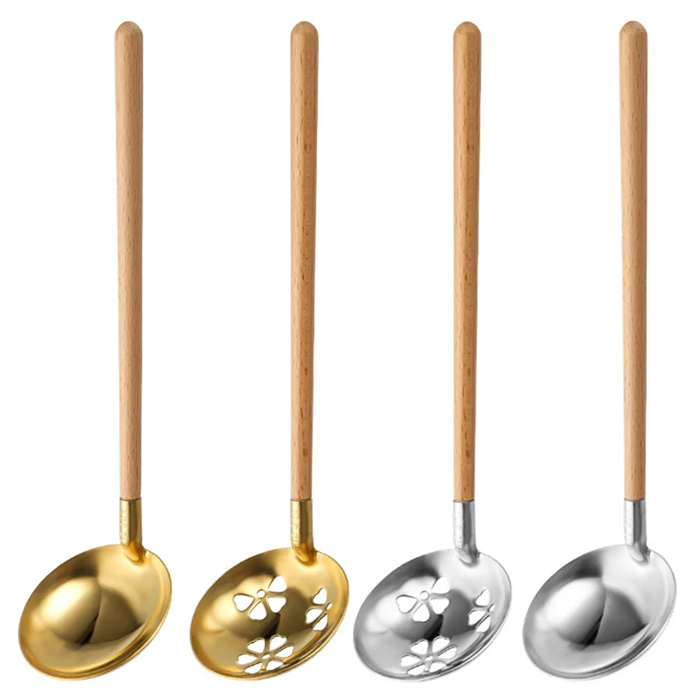 

304 Stainless Steel Hot Pot Spoon Japanese Style Wooden Handle Creative Flower Colander Small Soup Shell Cooking Spoon