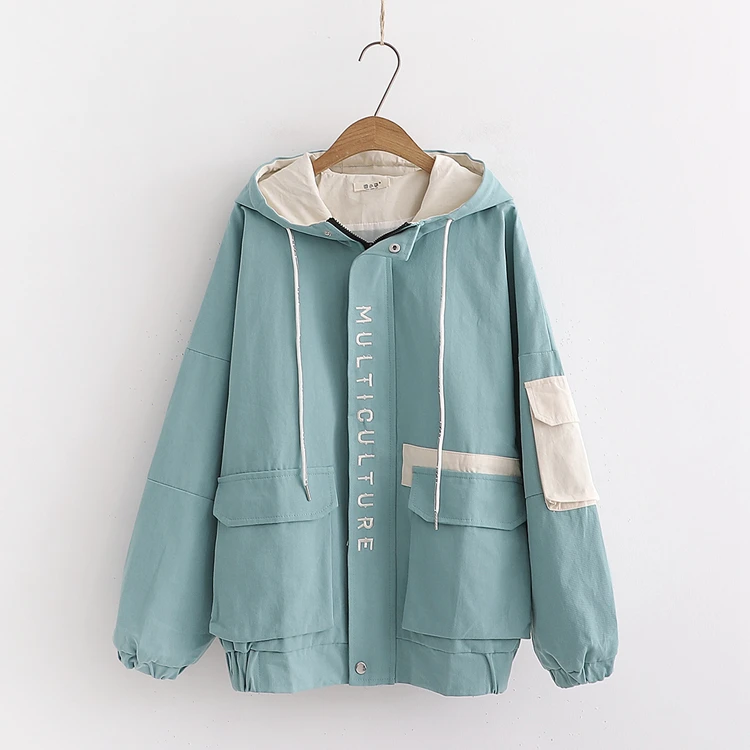 2019 осенний женский основной куртка на молнии с капюшоном и вышивкой контрастный