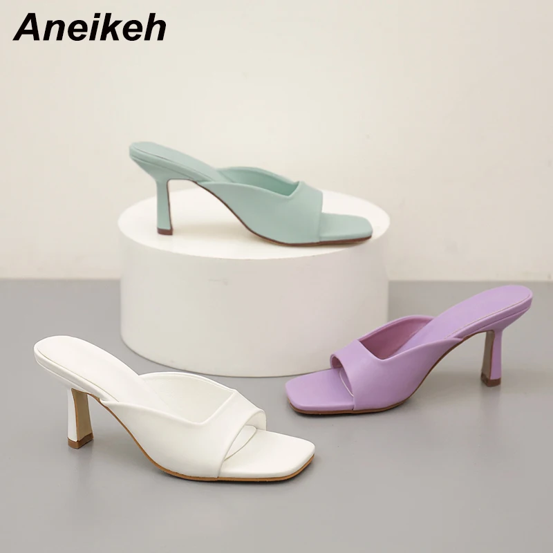 

Aneikeh Shallow Refined PU Slippers For Outside Fashion Thin Heels Zapatos De Mujer 2022 Peep Toe Beach Shoes Women High 35-42