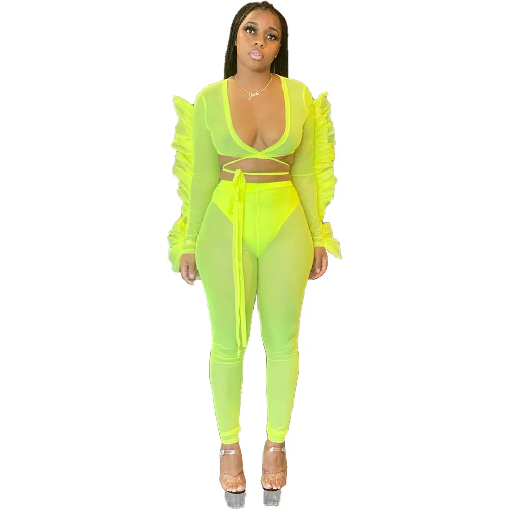 

Sheer Mesh Spliced 2 Piece Set Women's Summer Suit Deep V Neck Ruffles Long Sleeve Crop Top Skinny Legging Lounge Wear Tracksuit