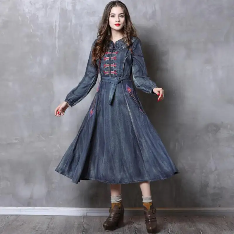Женское винтажное джинсовое платье Johnature Осеннее свободное с вышивкой круглым