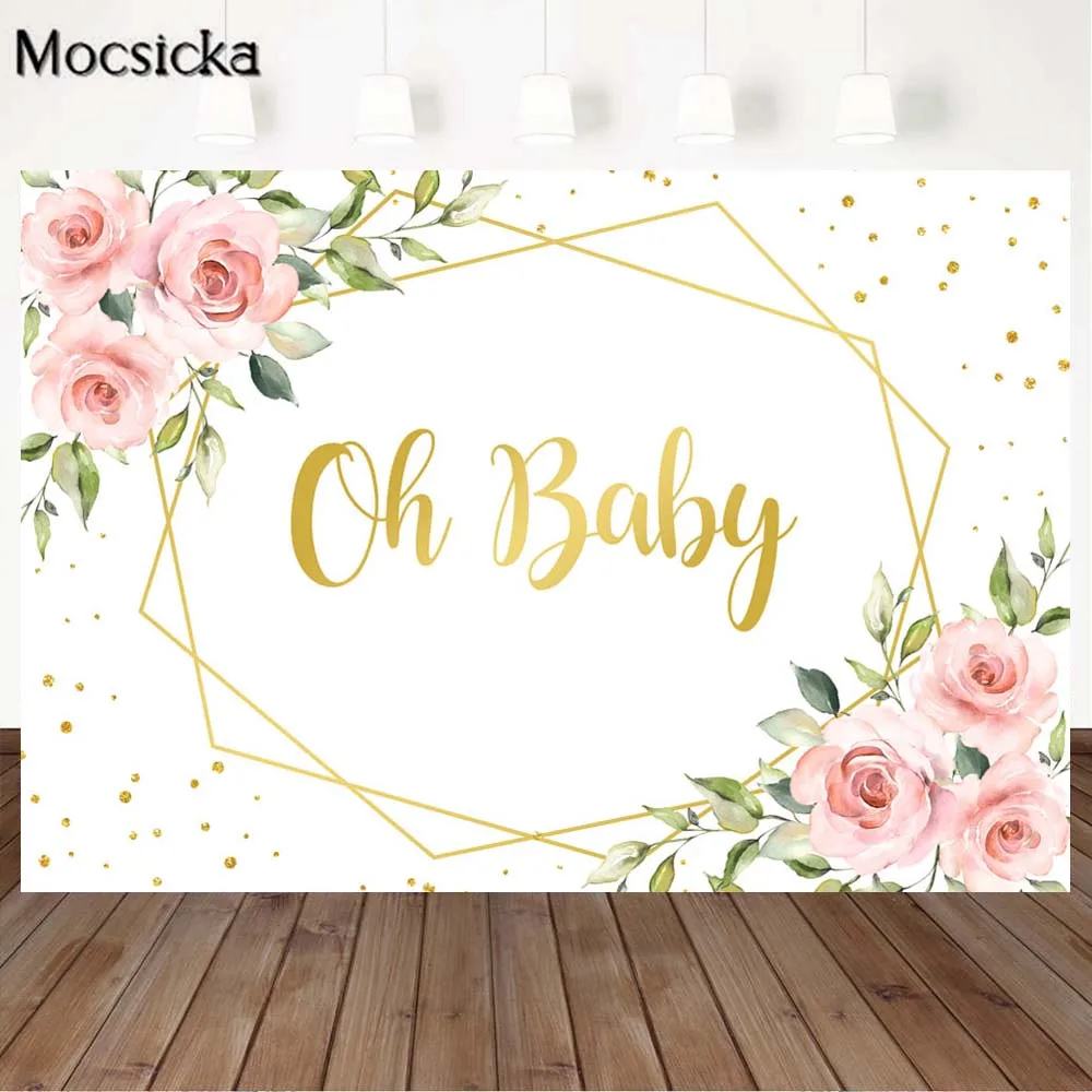 

Mocsicka Oh Baby Newborn Baby Shower Photography Backdrops Gold Frame Adult Birthday Wedding Custom Photo Background Party Decor