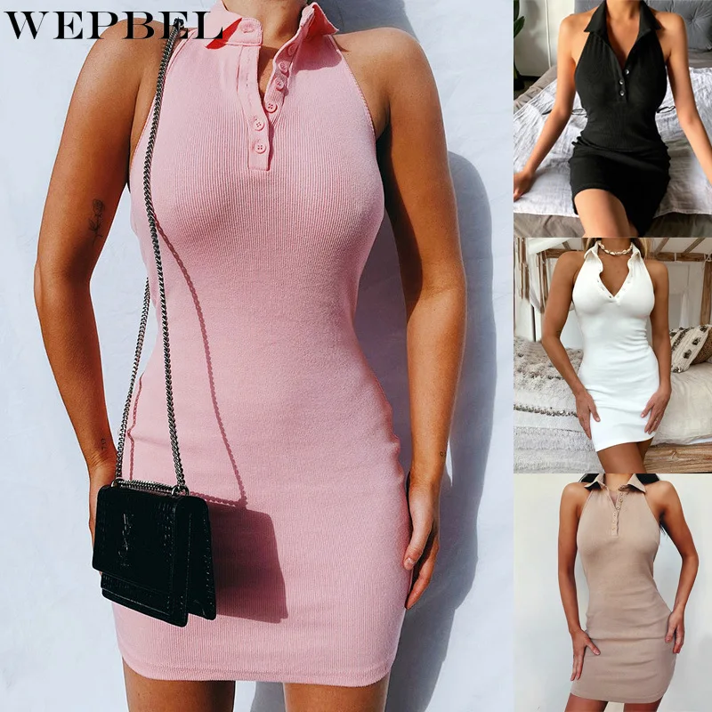 

WEPBEL Women Sexy Summer Skinny Mini Pencil Dress Ladies Elegant Sleeveless Turn Down Collar Slim Fit Bodycon Dress