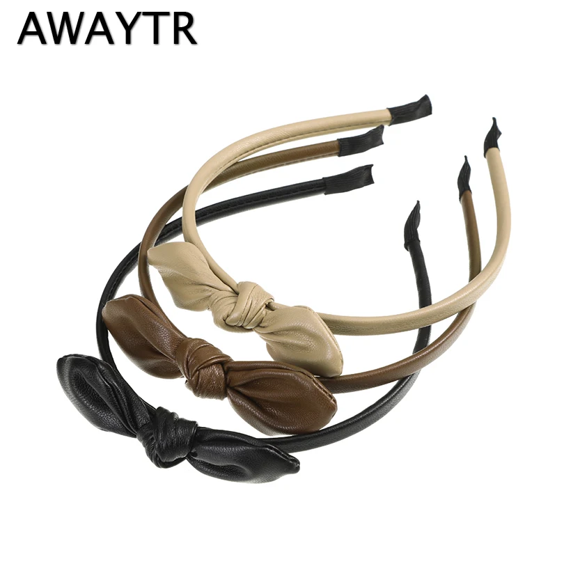 

Женский ободок из искусственной кожи AWAYTR, широкий ободок с бантиком, 1,5 см