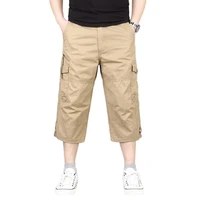 men solid color breathable pocket loose straight capri cropped pants trousers