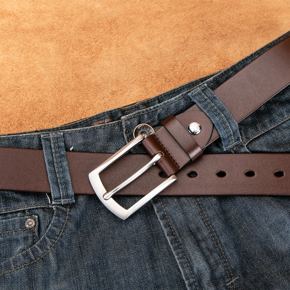 

BISON DENIM Vintage Real Genuine Leather Men Belt Stainless Steel Pin Buckle Classic Luxury Leather Strap Men Belt N71606