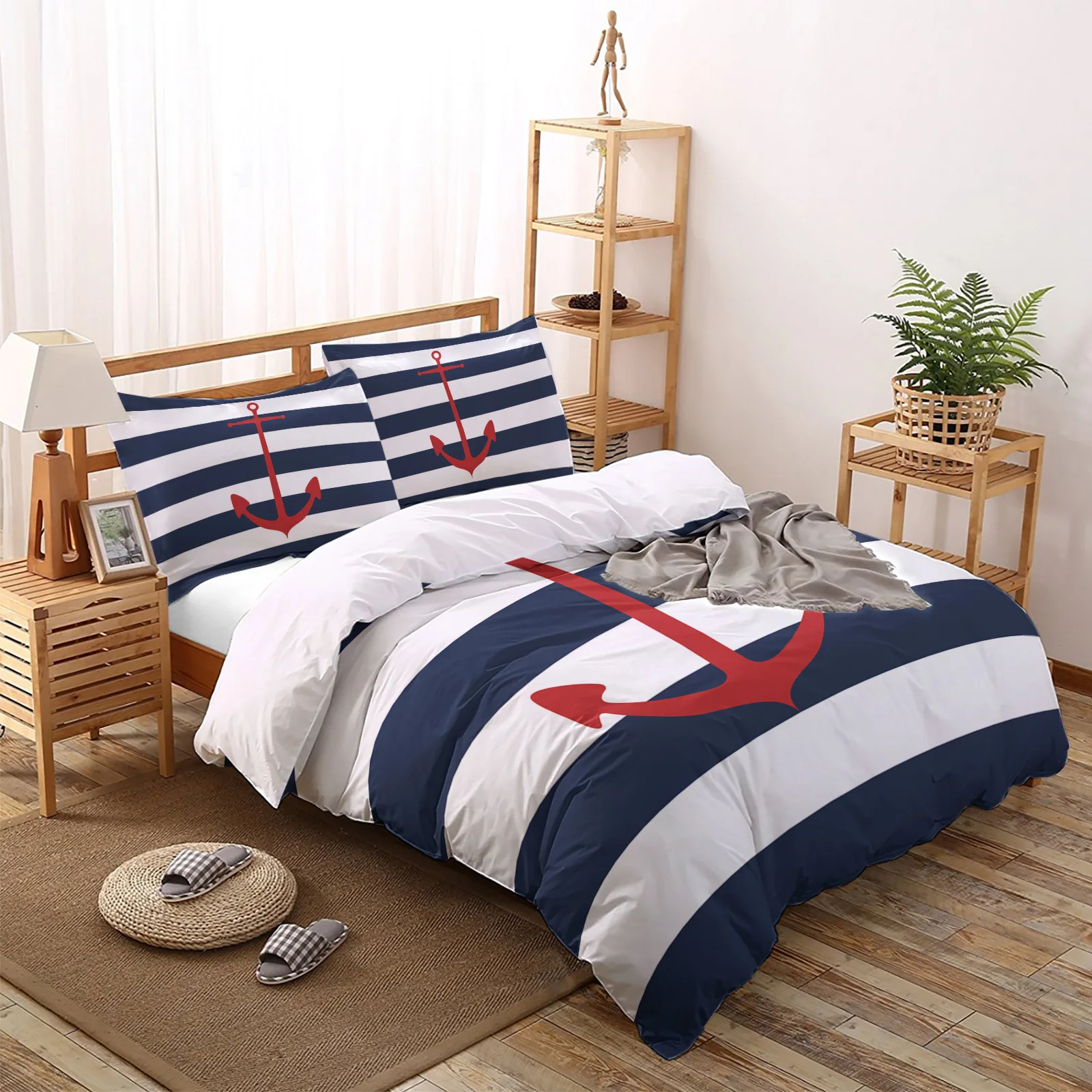 

Geometric Blue Stripes Anchor Bedding Set Duvet Cover Set Home Textile Bedclothes Bed Comforter Bedding Sets King