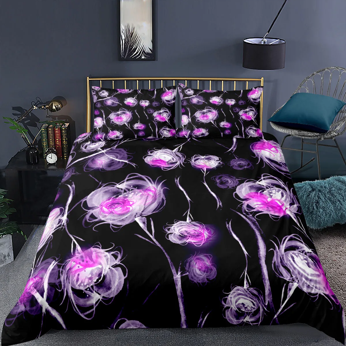 

Purple Flower Bedding Set Fantasy Modern Black 3d Duvet Cover Sets Comforter Bed Linen Twin Queen King Single Size Gift Fashion