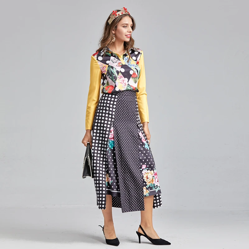 

Designer New 2021 Spring Lapel Long Sleeve Shirt Tops Flower Print Polka Dot Stitching Half Skirt Vintage Chic Women'S Sets