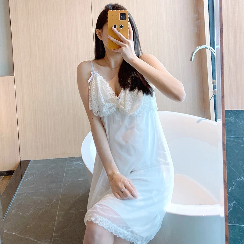 

2021Summer 100% Cotton Sexy Lace Lingerie Spaghetti Strap Nightgowns for Women Home Dress Sleepwear Night Gown Nightdress Nighty