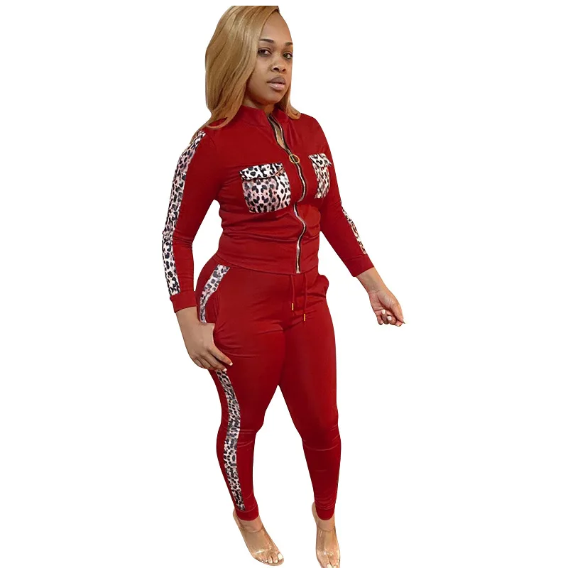 

2Pcs Set Women Autumn Sport Tracksuit Zipper Leopard Print Pants Set Cardigan Jacket And Slim Leggings Pants Ladies Casual Sweat