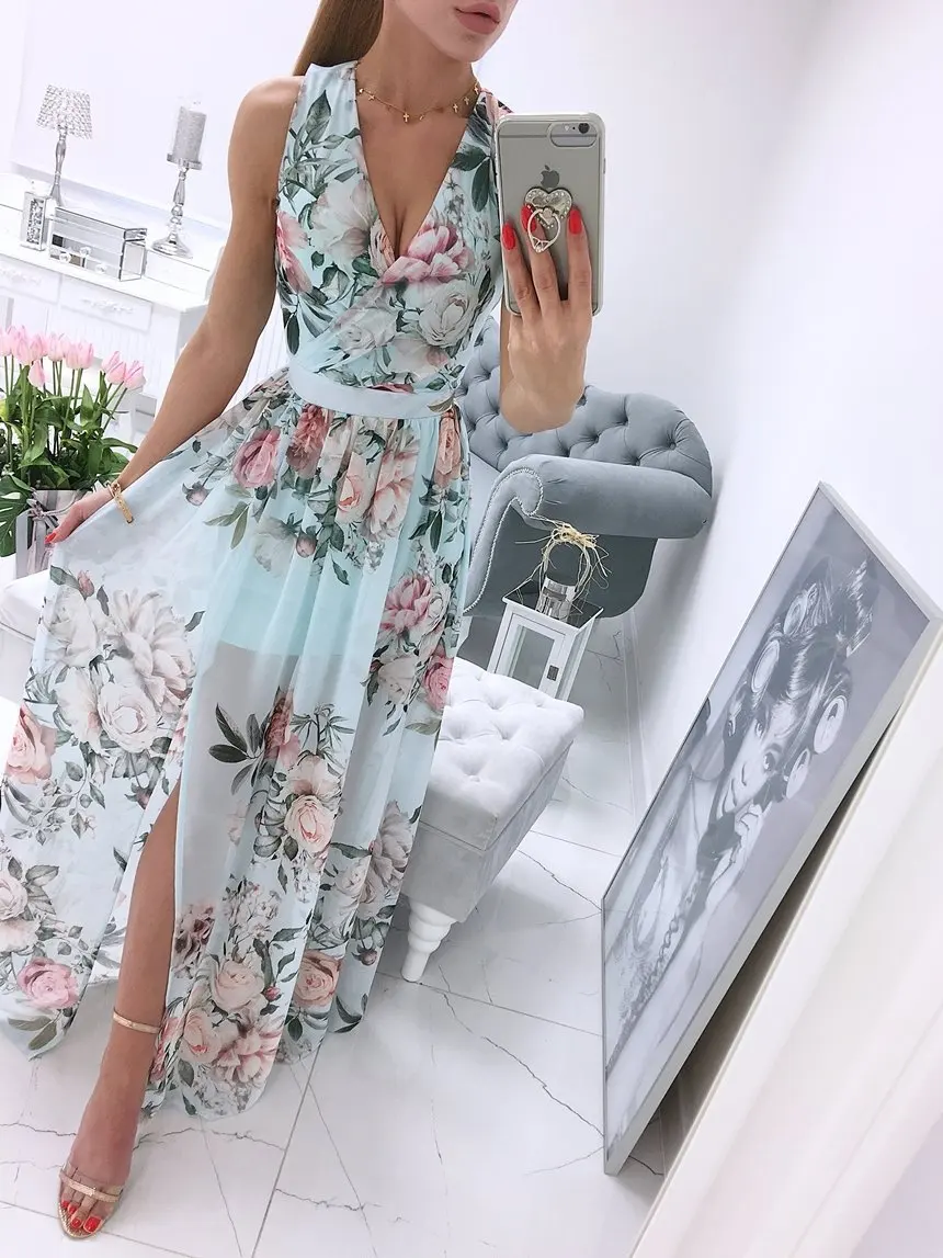 

2021 Summer Fashion Chiffon Print Long Skirt Split Dress Split Long Skirt Embroidered Dress Slim Fit Skirt Prom Dress Long Dress