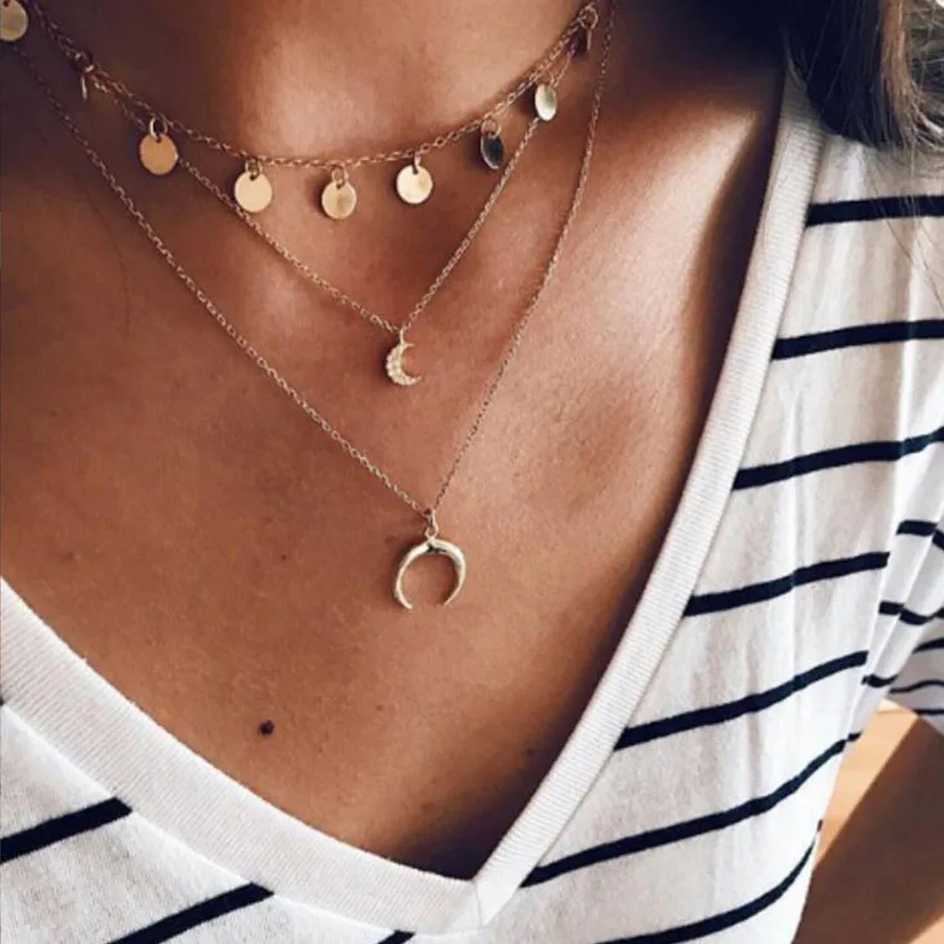 Богемный чокер с месяцем Золотая цепь ожерелья блестками подвеска колье femme