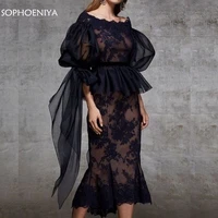 New Arrival Black Muslim evening dress Lace Appliques Ankle length Sexy Formal dresses women Party night Vestidos de fiesta