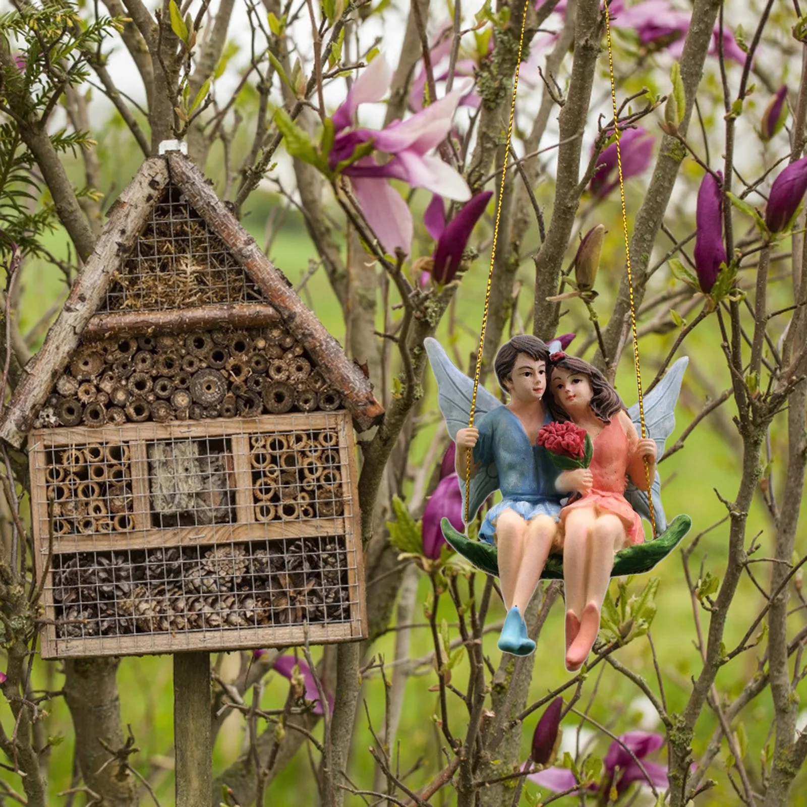 2 шт. качели с ангелом для влюбленных цветок Сказочная статуя садовые уличное
