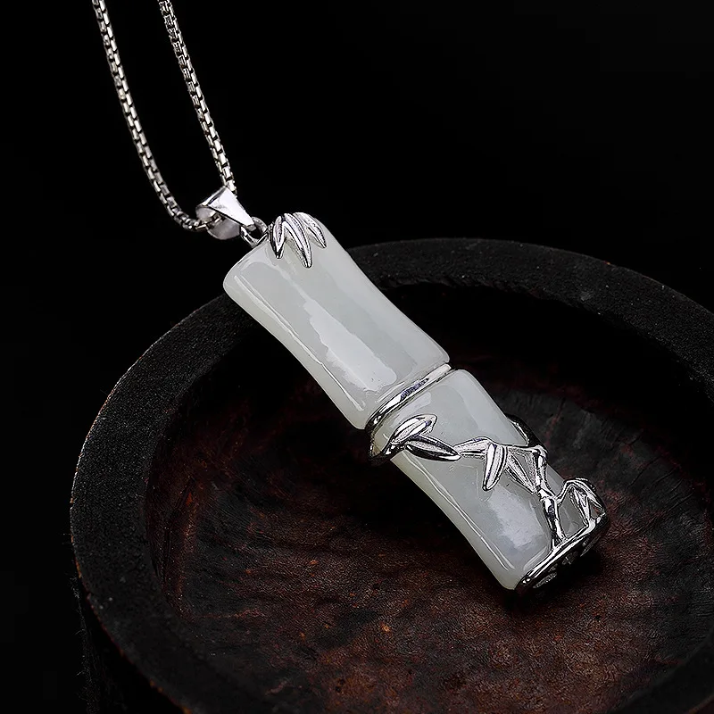 

2020 Mother's Day Jade cuarzo piedra natural Bamboo Pendant 100% Real 925 Sterling Silver Women Necklace pendant Jewelry