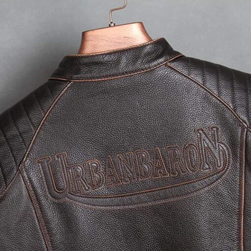 

2021 Vintage Brown Motorcycle Style Genuine Leather Jacket Men Stand Collar Plus Size 4XL Real Natural Cowhide Autumn Biker Coat