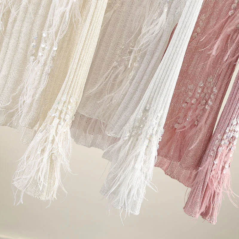 Украшенный перьями свитер женский с пайетками тонкий v-образный вырез отделка