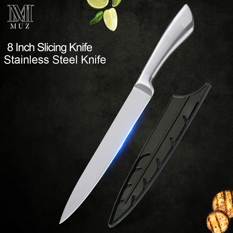 8 inch Slicing Knife Новое поступление ножей из нержавеющей стали набор кухонных аксессуаров для очистки овощей утилита Santoku нарезки хлеба шеф-повара нож с Покрытие оболочки - Цвет: 8 inch Slicing Knife