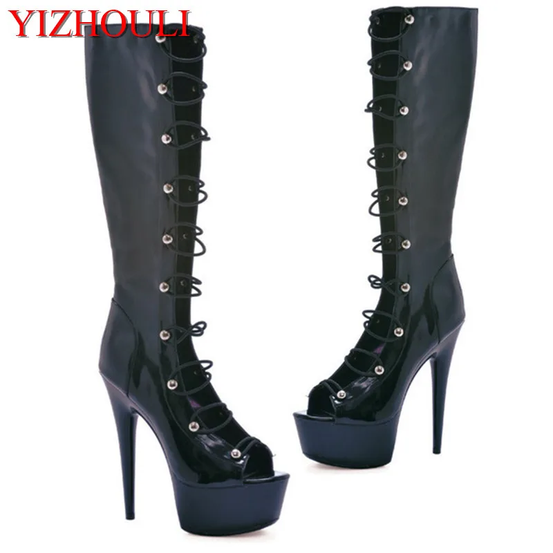 15cm New side Fine with medium boots, front lace-up model runway high boots, sexy enticement dance shoes