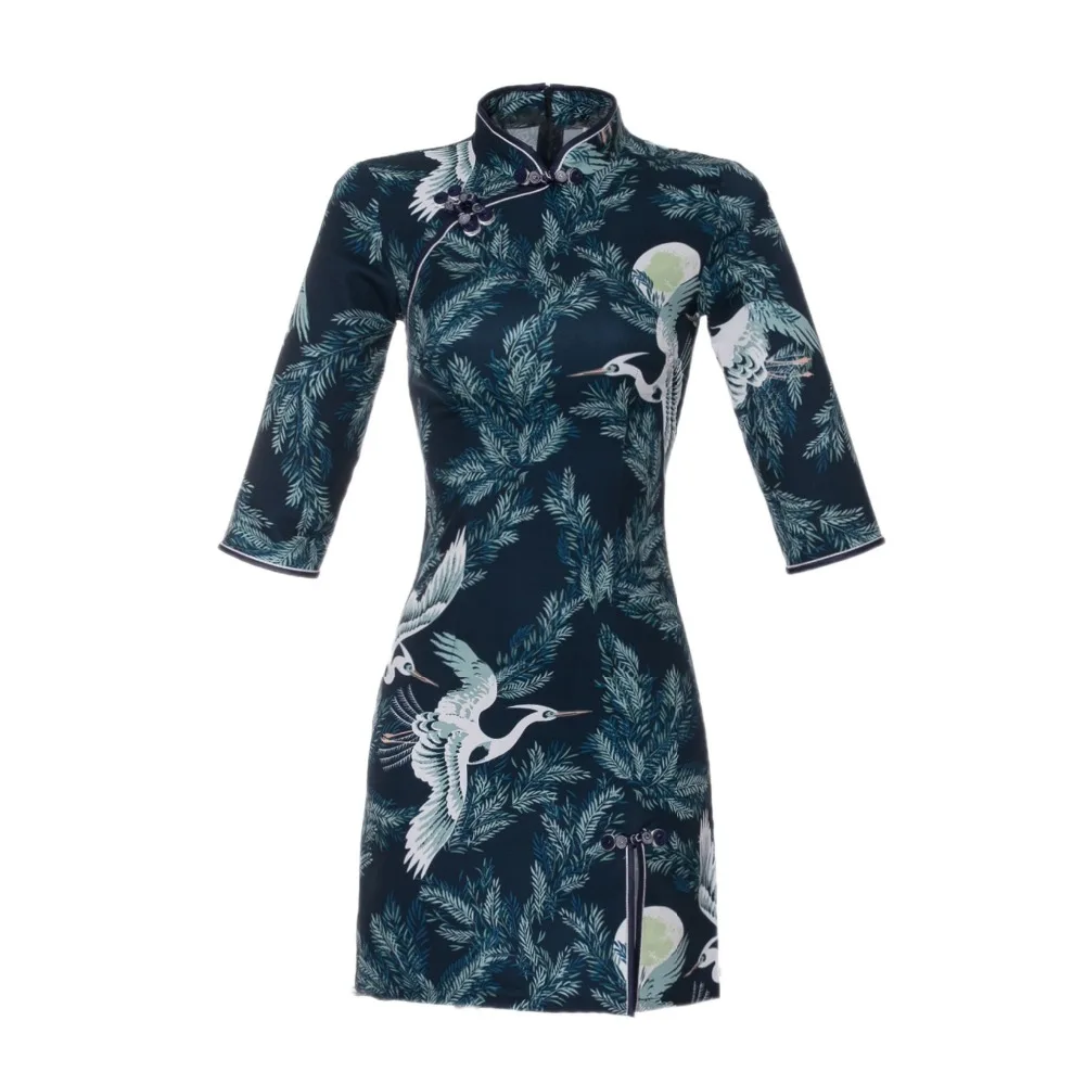 Темно-синий китайский традиционный стиль Cheongsam элегантное женское платье на пуговицах ручной работы воротник-стойка сексуальное короткое платье Размер S-XXL