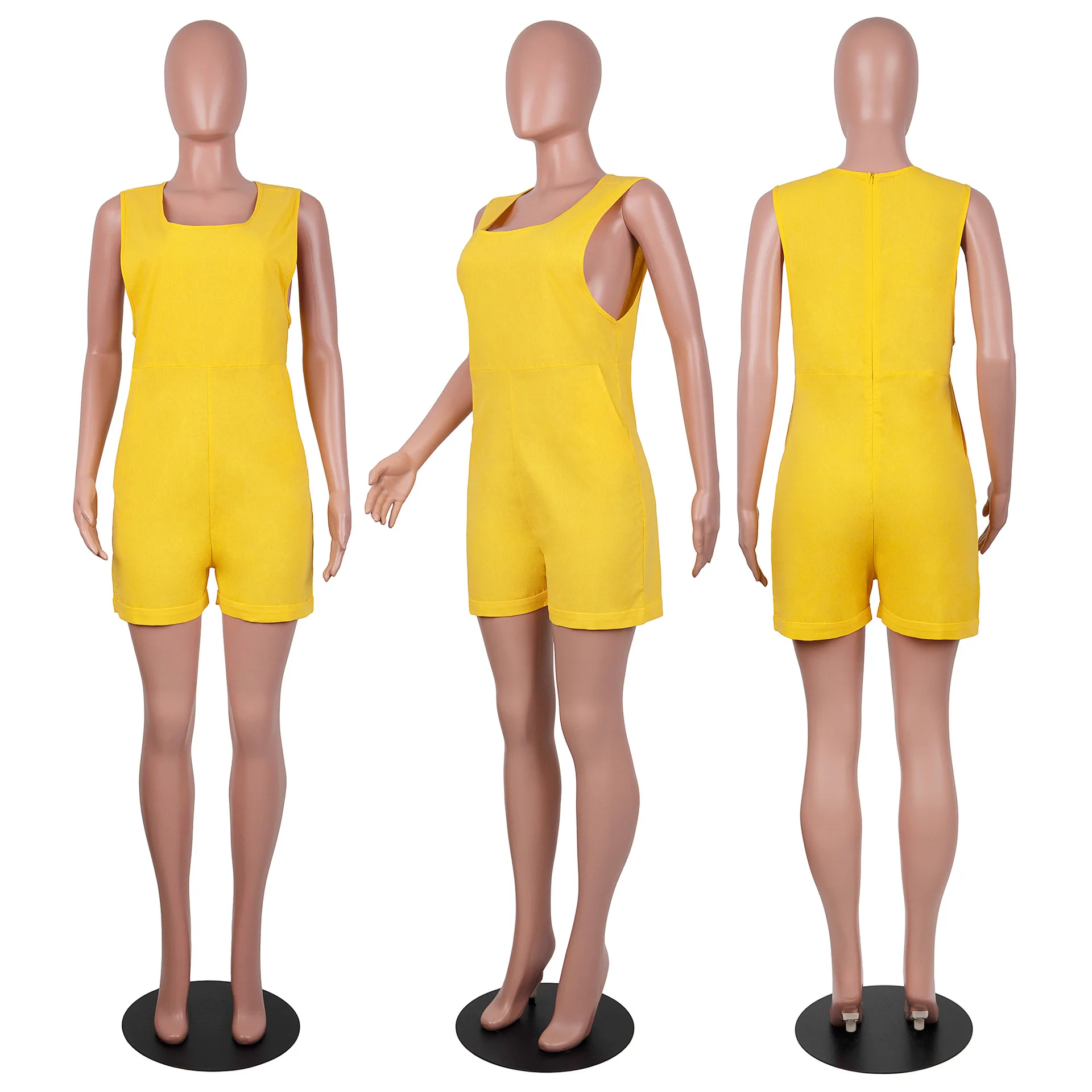 

Casual Solid Plus Size One Piece Overalls for Women Summer Low Neck Sleeveless Short Playsuit Streetwear Side Pockets Bodysuits