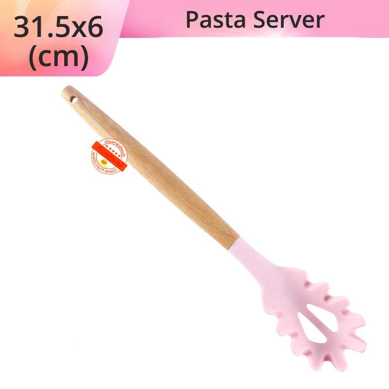 Pink Pasta Server Силиконовая кухонная утварь-деревянные ручки, антипригарная не царапающаяся и термостойкая кухонная посуда кухонные инструменты - Цвет: Pink Pasta Server