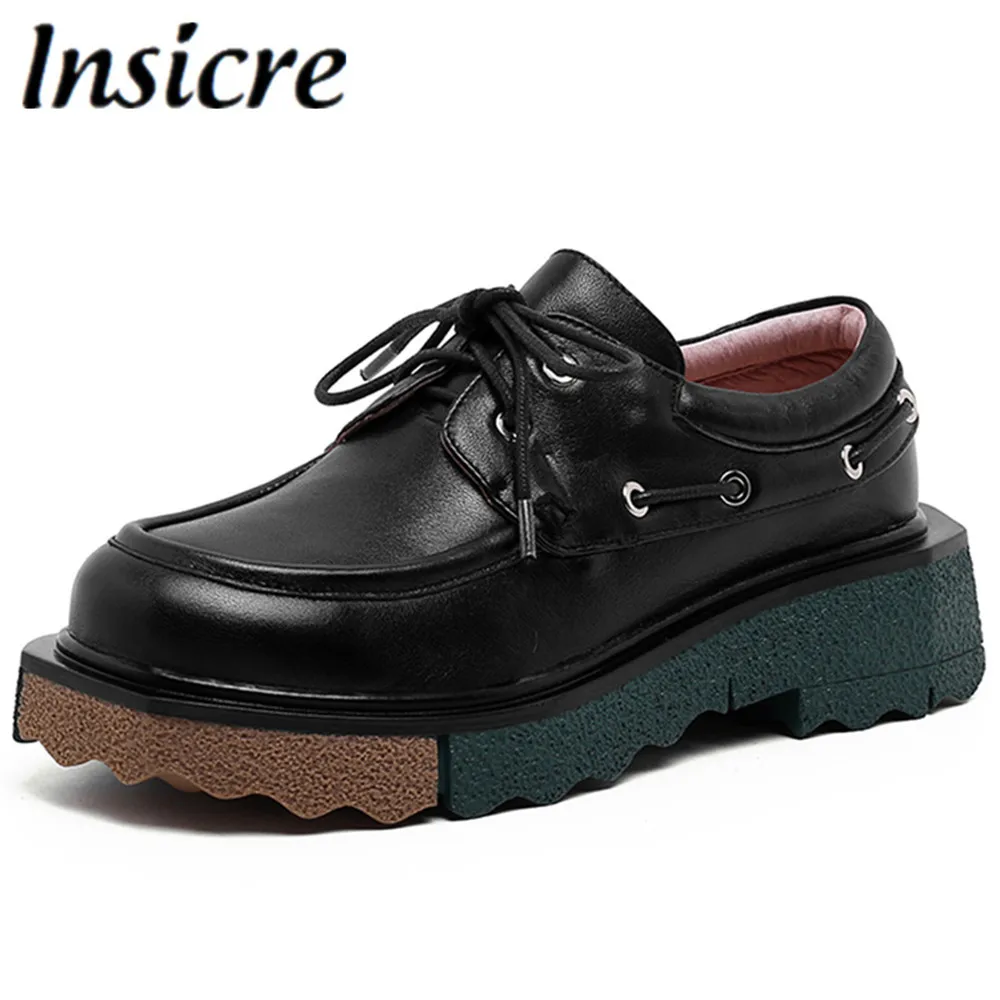 Insicre New Fashion Chunky Soled Trend British Style Simple Casual Single Women's Round Toe Lace Up Platform Women Party Shoes