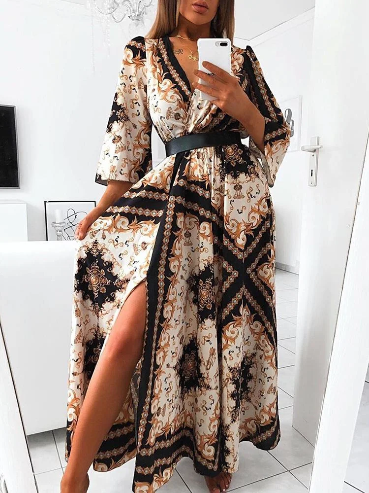 2019 осеннее женское элегантное винтажное Бохо вечерние платья женские модные v