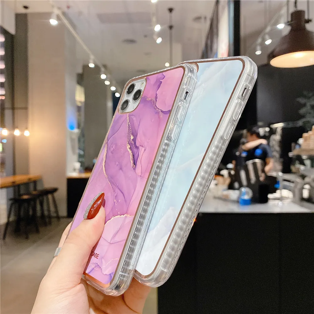 Marble Back Case for iPhone 12 mini 11 Pro Max XR XS SE2020 7 8 Plus Phone Cases Luxury Plating IMD Clear Frame Shockproof Funda | Мобильные