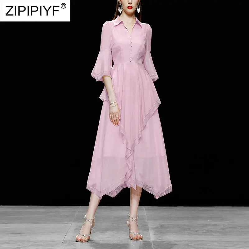 

Модельное однобортное шифоновое платье с кружевом, отложным воротником, коротким Расклешенным рукавом, высокой талией, Z052, лето 2021