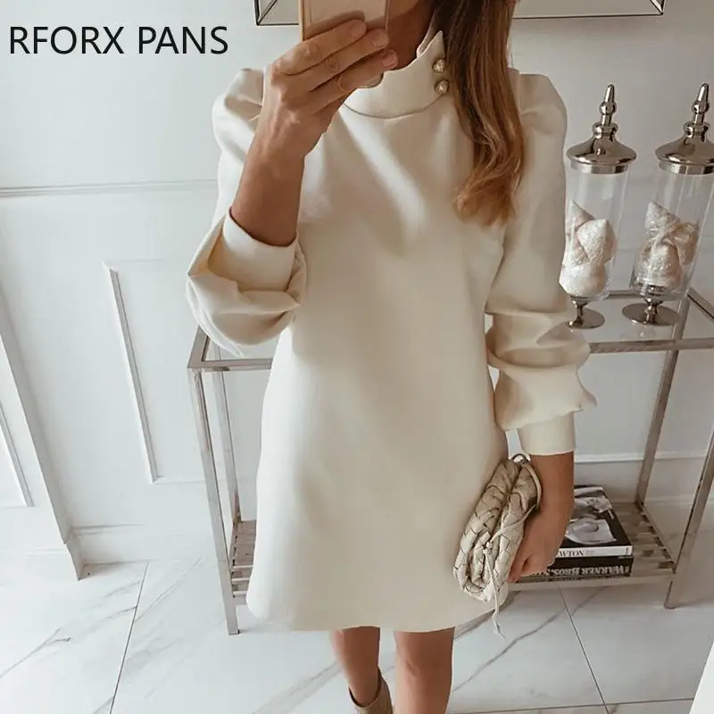 Однотонное женское мини платье с высоким воротником|Женские платья| |