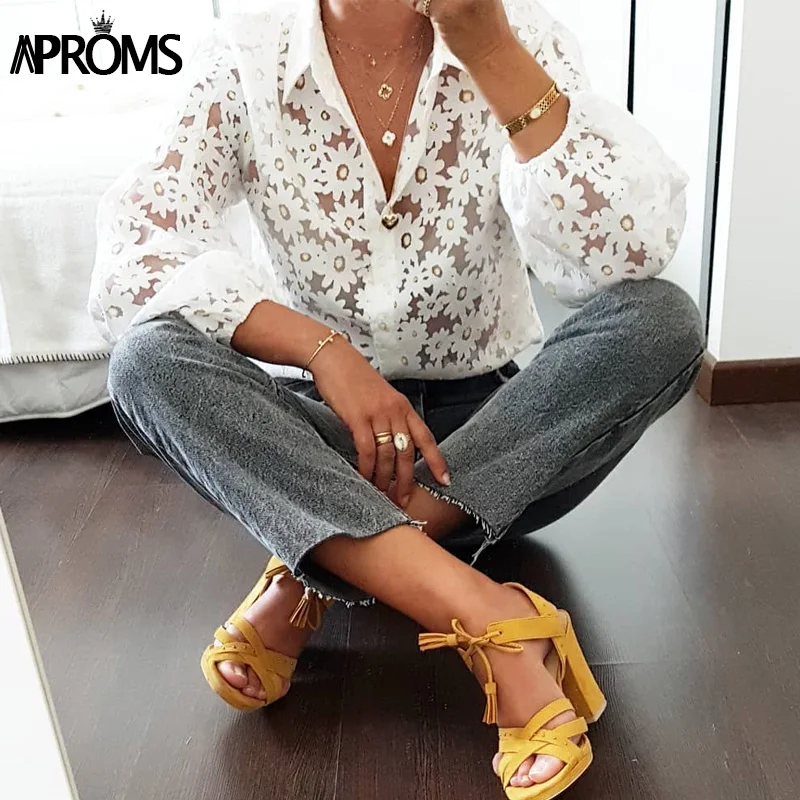 Новая Элегантная сексуальная прозрачная блузка с подсолнухом Женская Осенняя