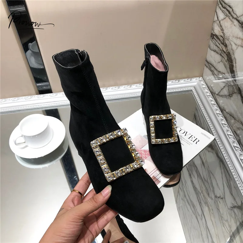 

Prowow Fashion Style Crystal Kid Suede Women Boots Round Toe Side zip Thick Mid Heel Women Autumn Winter Ankle Boots Shoes Woman