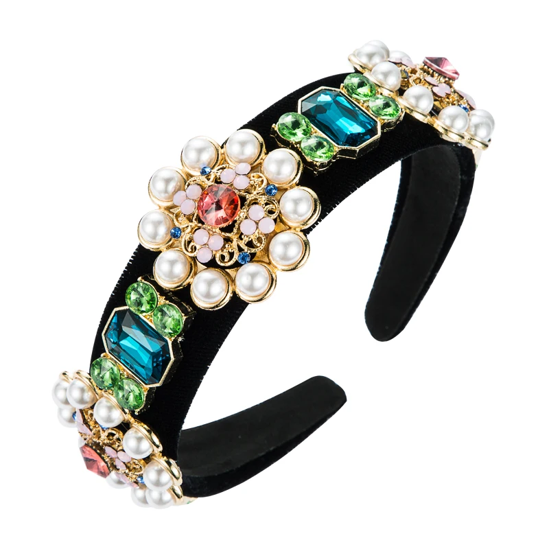 

Vintage Baroque Simulated Pearl Flower Headband for Woman Elegant Geometric Crystal Beaded Hairband Girls Party Turban Headpiece