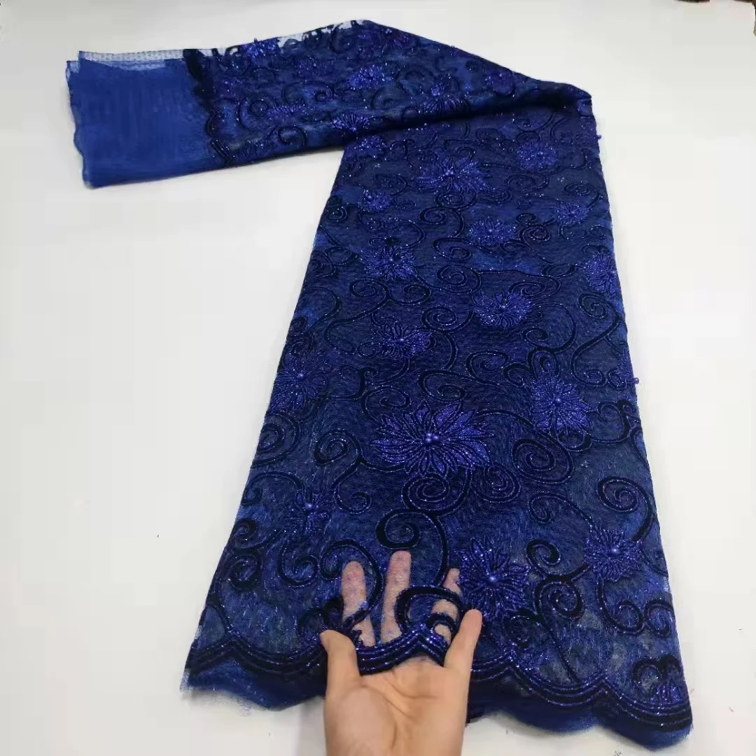 

Newcoming embroidered net tulle lace fabric 5yards beads mesh lace for nigerian clothes sewing material XZX10203