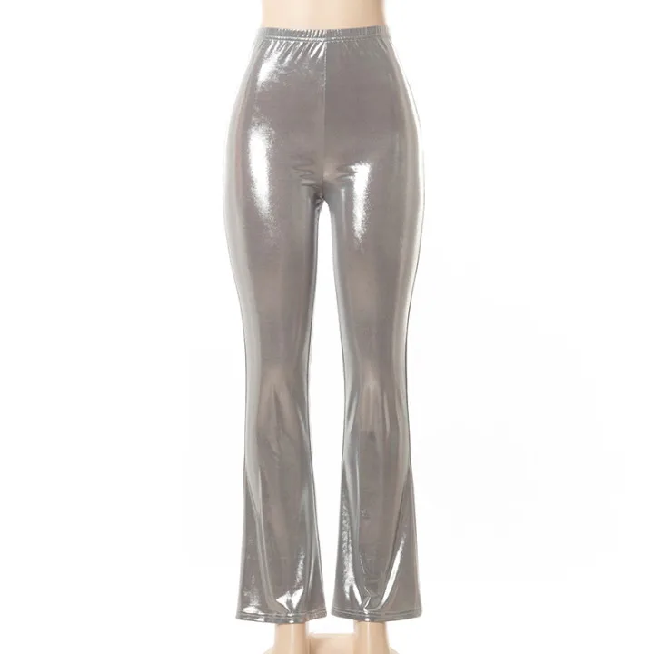 

Summer silver high waist skinny flare pants capris Women sexy party club shiny bottoms Y2K Vintage black wide leg casual pants
