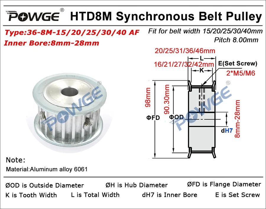 Синхронный шкив с 36 зубцами POWGE Arc HTD круглым отверстием 8-28 мм для ремня шириной
