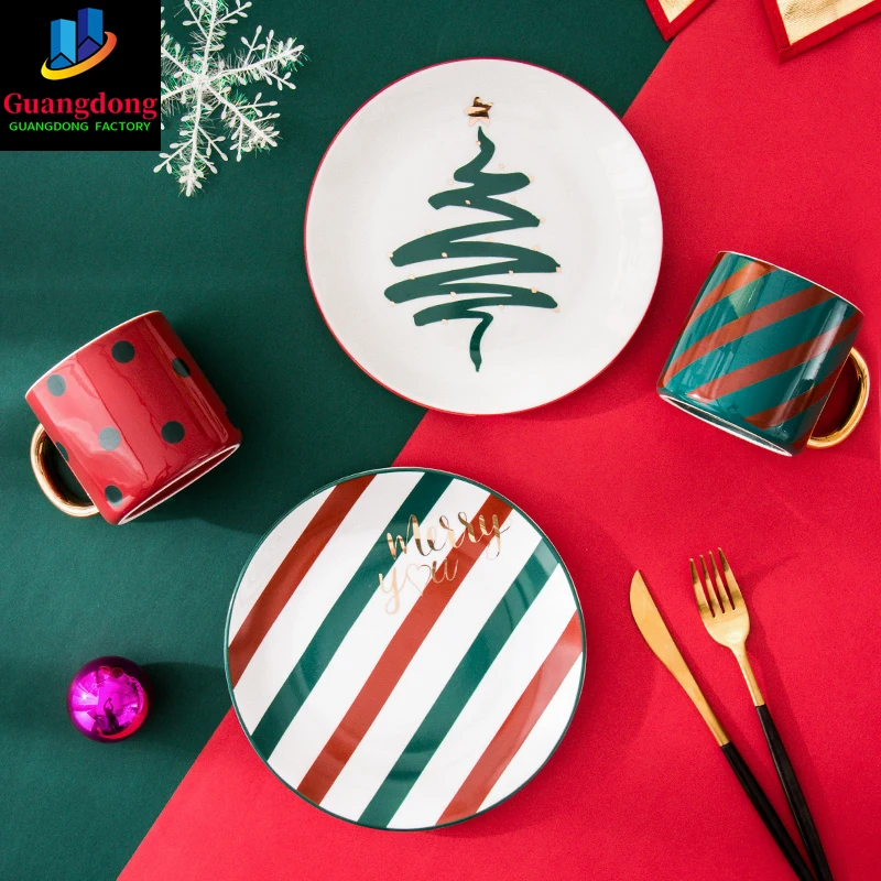 

1pc Merry Christmas Ceramic Dinner Dish Plate Set Mug Dessert Cake Pastry Fruit Serving Plate Decorative Tableware
