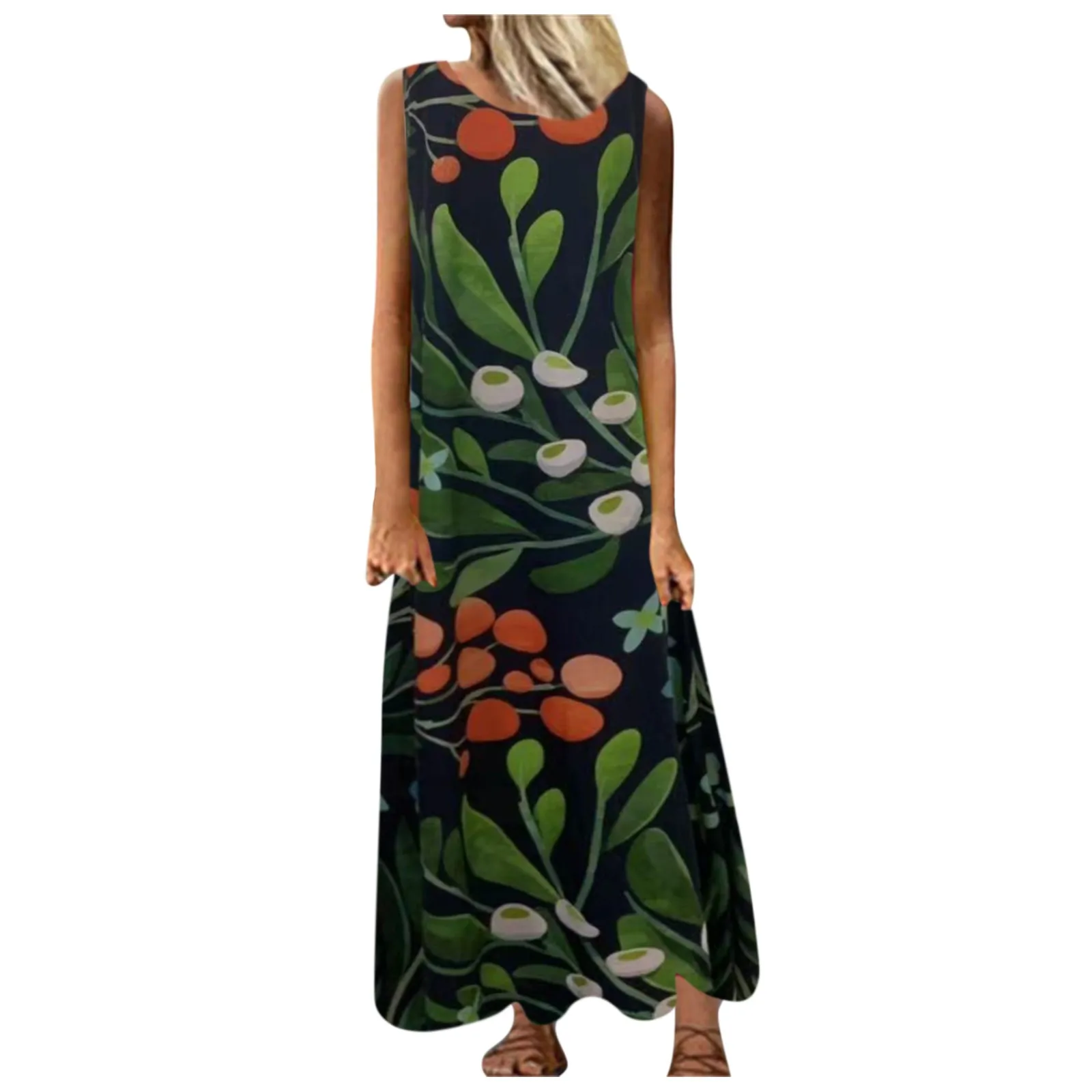 

Ladies Summer Long Dress Sexy Sleeveless V-Neck Dashion Printed Tank Dress Retro Floral Plus Size Women Loose Beach Dresses Vest