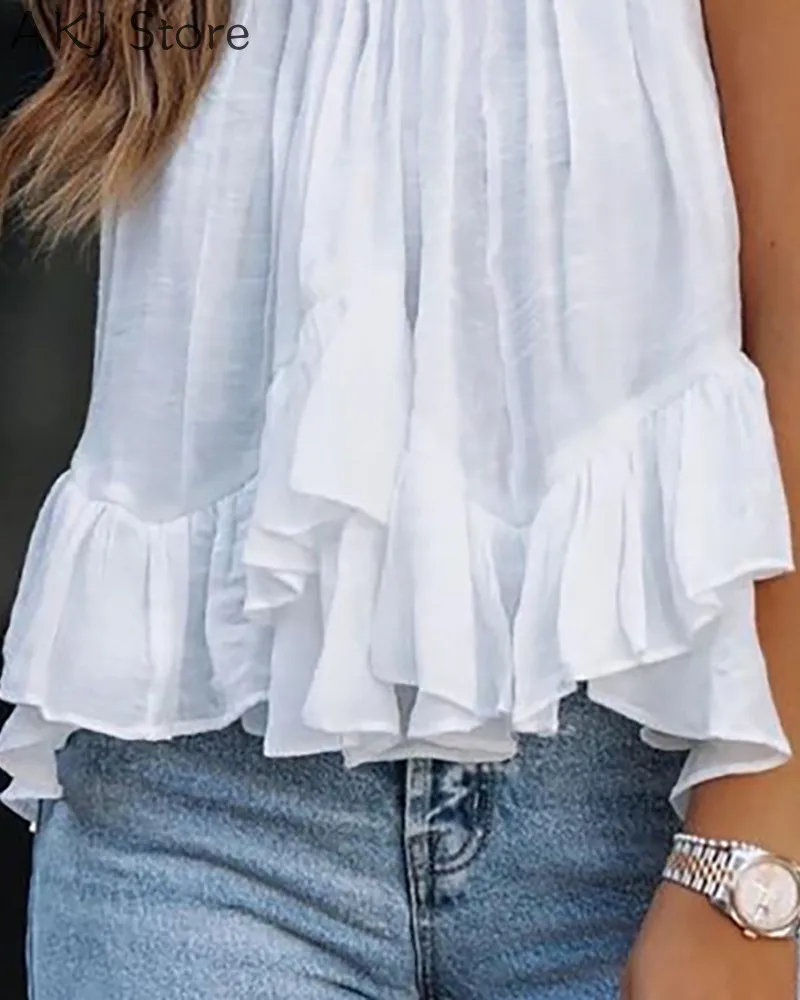 

Women Ruched Ruffles Design Sleeveless Casual Top