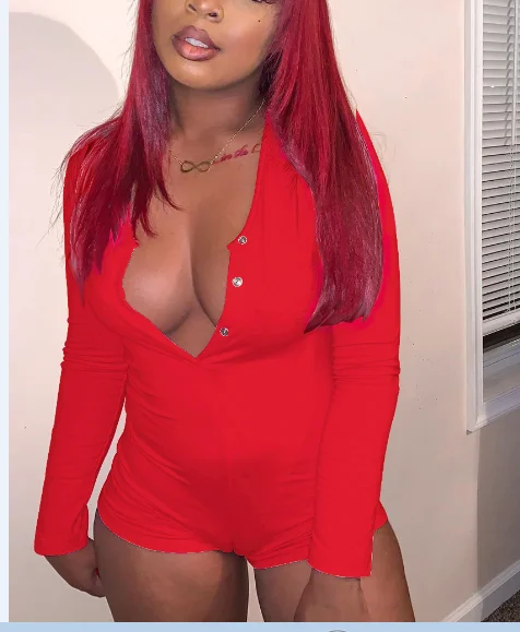 

Women Summer Slim Bodysuit Homewear Long Sleeve Sexy Deep V-Neck Bodycon Stretch Leotard Button Jumpsuit Shorts Sleepwear