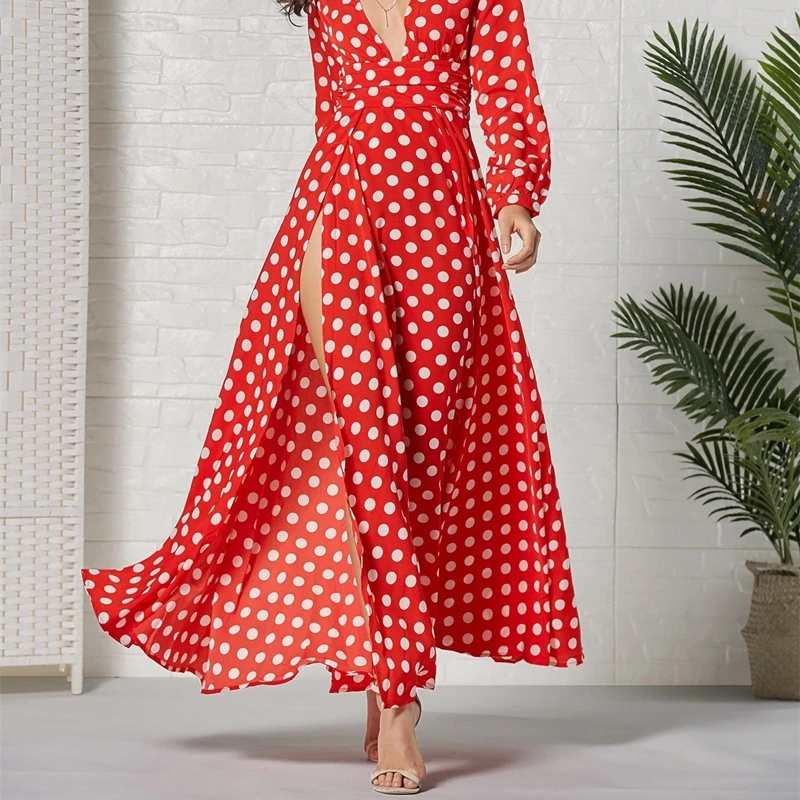 

2021 Bohemian Dress Women Long Sleeve Polka Dot Print Red Maxi Dresses Sexy V Neck High Split Female Clothing Boho Style Elegant