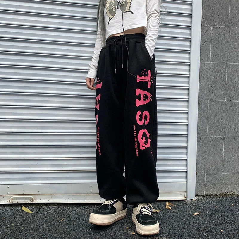 

2021 New winter Streetwear Letters Print Plus Velvet Thick Warm Straight Pants Women Loose Elastic Waist Hip Hop Sweatpants
