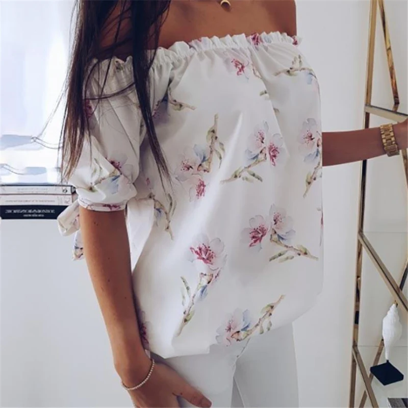 Модная элегантная шифоновая блузка с открытыми плечами и цветочным рисунком 2019