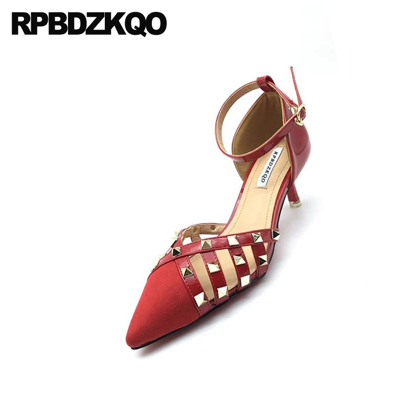 сандалии шпилька красный высокие каблуки лакированная кожа котенок металл