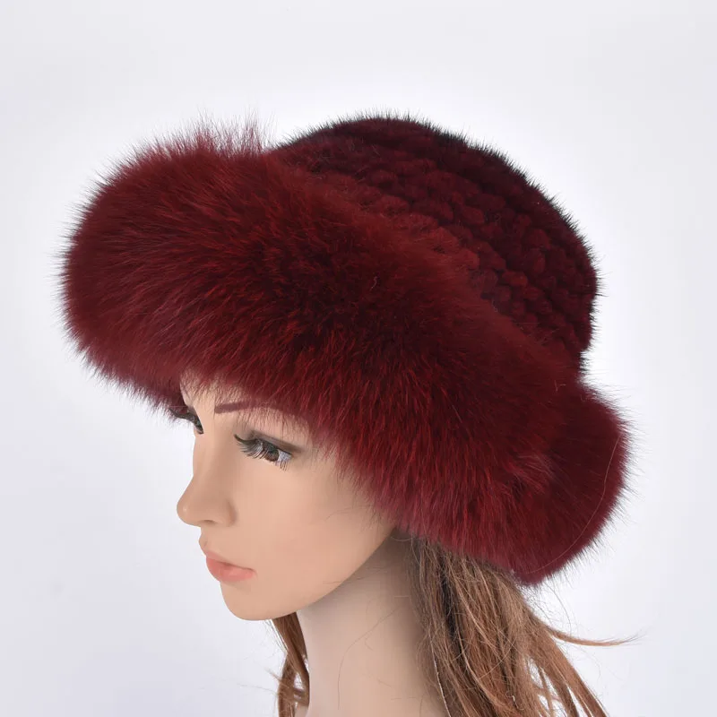 Зимняя вязаная шапка из настоящего норкового меха, роскошная натуральная шапка из пушистой лисы, теплая женская повседневная подлинная шапка.